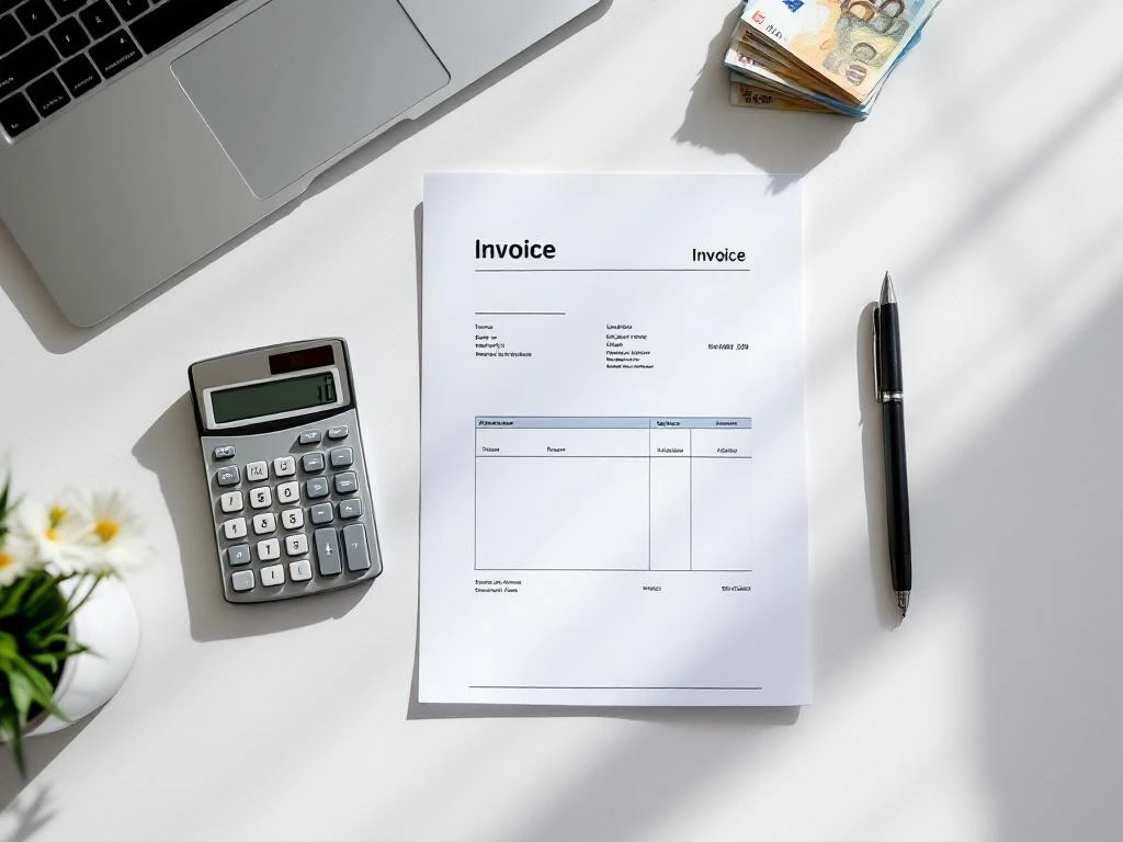 Professionele factuur op wit bureau met rekenmachine, pen, eurobiljetten en laptop voor zakelijke administratie