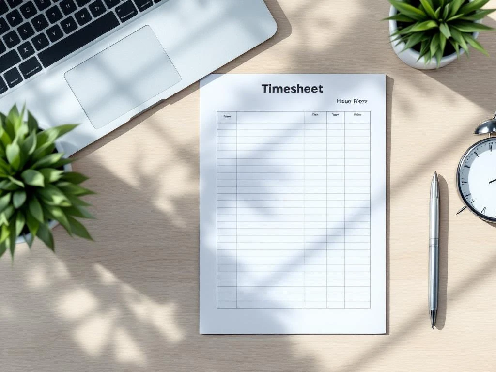 Leeg urenstaat document op modern bureau met pen, digitale klok en laptop, bovenaanzicht werkplek voor tijdregistratie