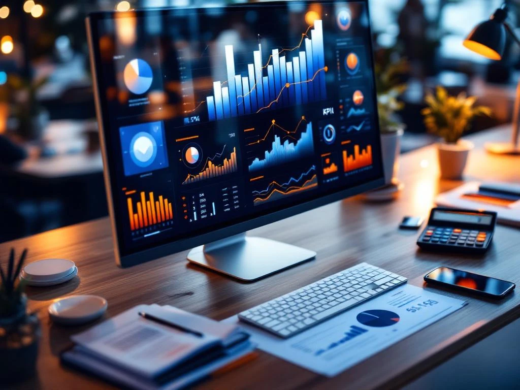 Bovenaanzicht van modern bureau met computermonitor met analytics dashboards, documenten en calculator in kantoor