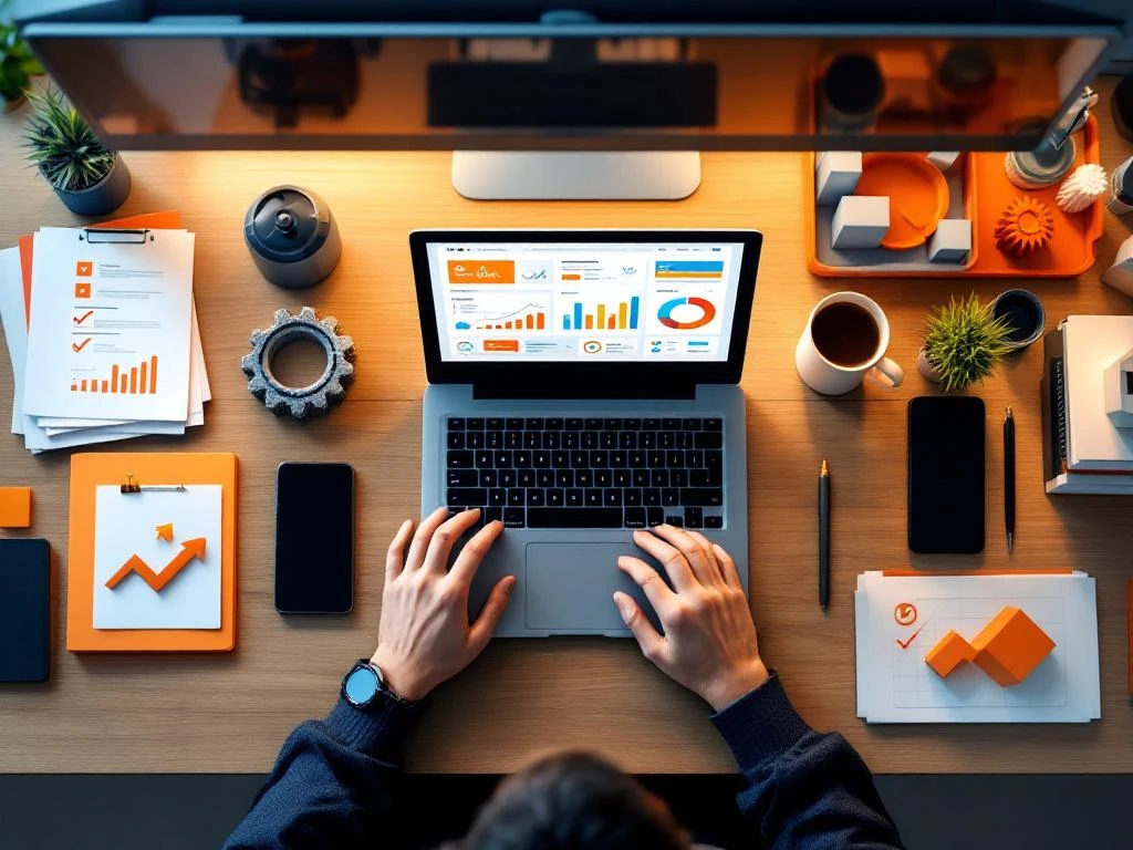 Moderne kantoorbureau van bovenaf met laptop, analytics dashboard, documenten, smartphone en koffie symmetrisch gerangschikt