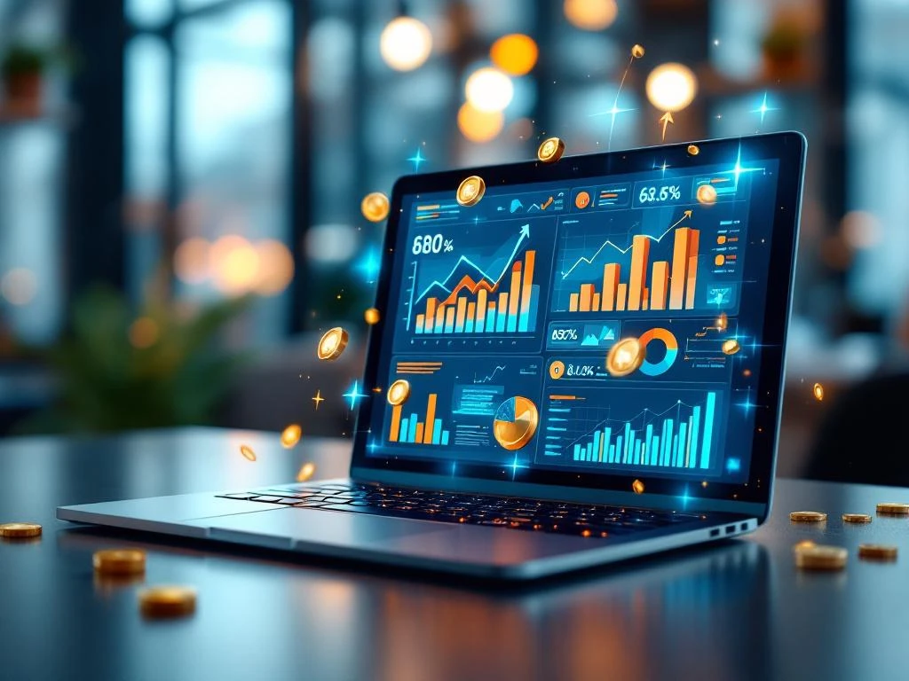 Moderne laptop met kleurrijke dashboard analytics en holografische business iconen in professioneel kantoor