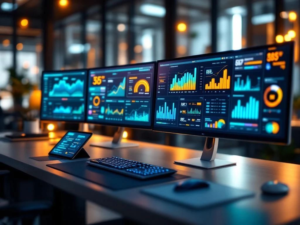 Modern bureau met meerdere monitors die real-time dashboards, analytics grafieken en KPI-gegevens tonen in blauw en groen