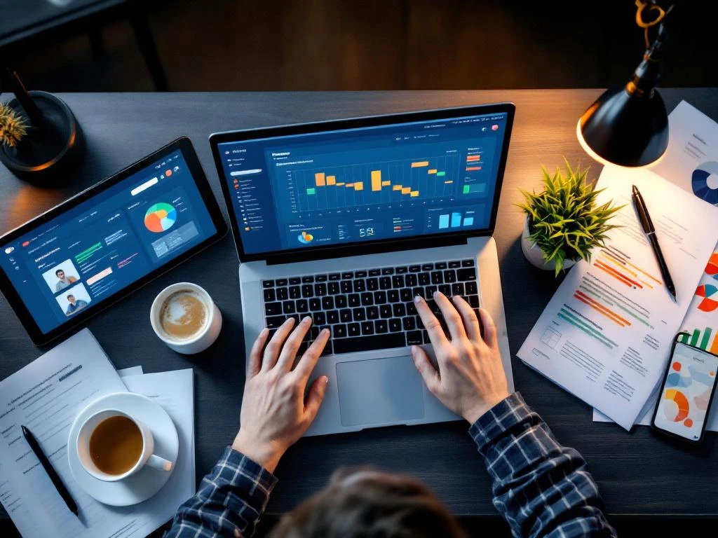 Moderne kantoorwerkplek met laptop die projectmanagement dashboard toont, omringd door documenten, tablet en koffie