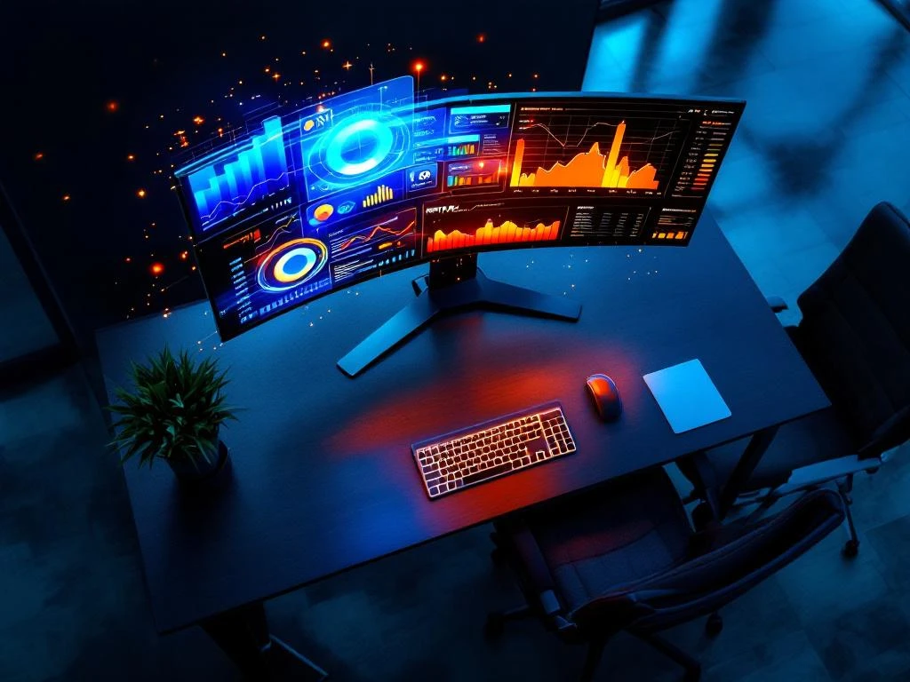 Moderne kantoorwerkplek met meerdere schermen die CRM-analyses, grafieken en datavisualisaties in blauw en oranje tonen