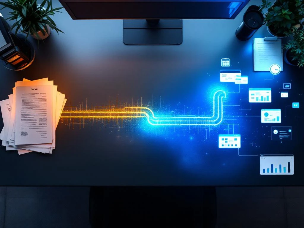 Moderne kantoorbureau met digitale transformatie van papieren offertes naar geautomatiseerd projectbeheer via lichtblauwe workflow