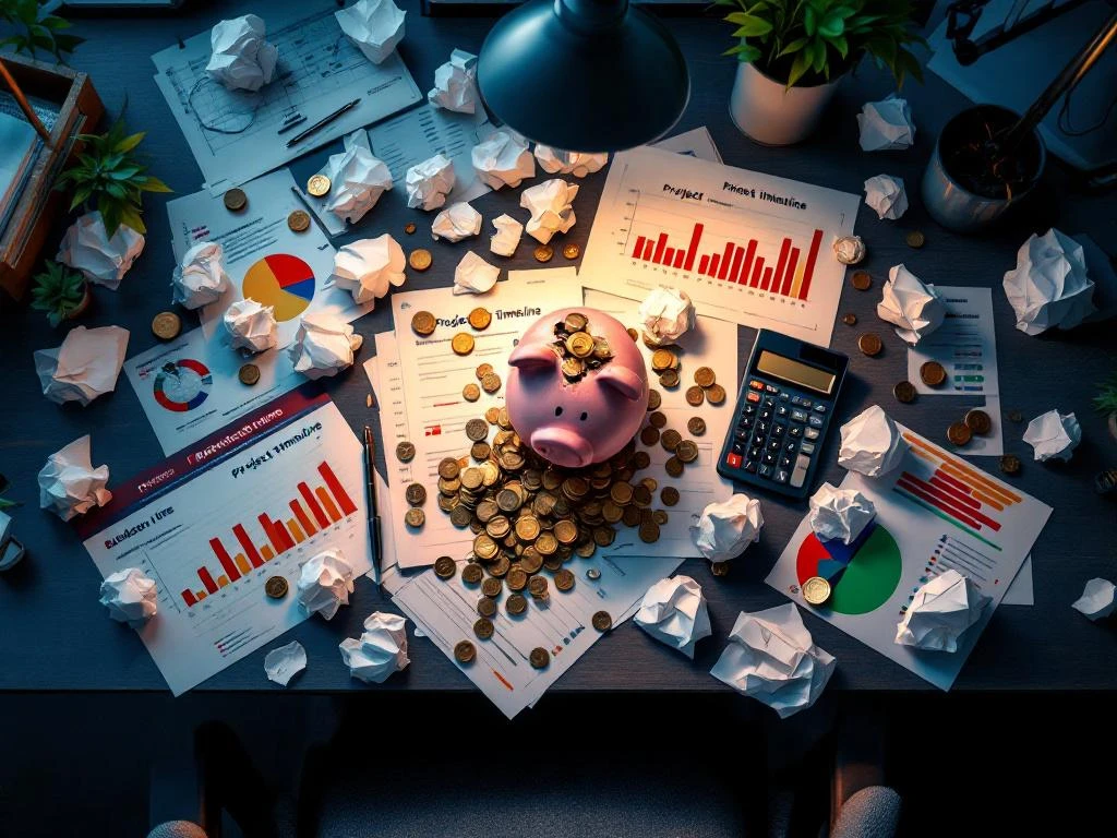 Kapotte spaarvarken met uitgevallen munten op bureau met financiële documenten, rekenmachine en budget spreadsheets