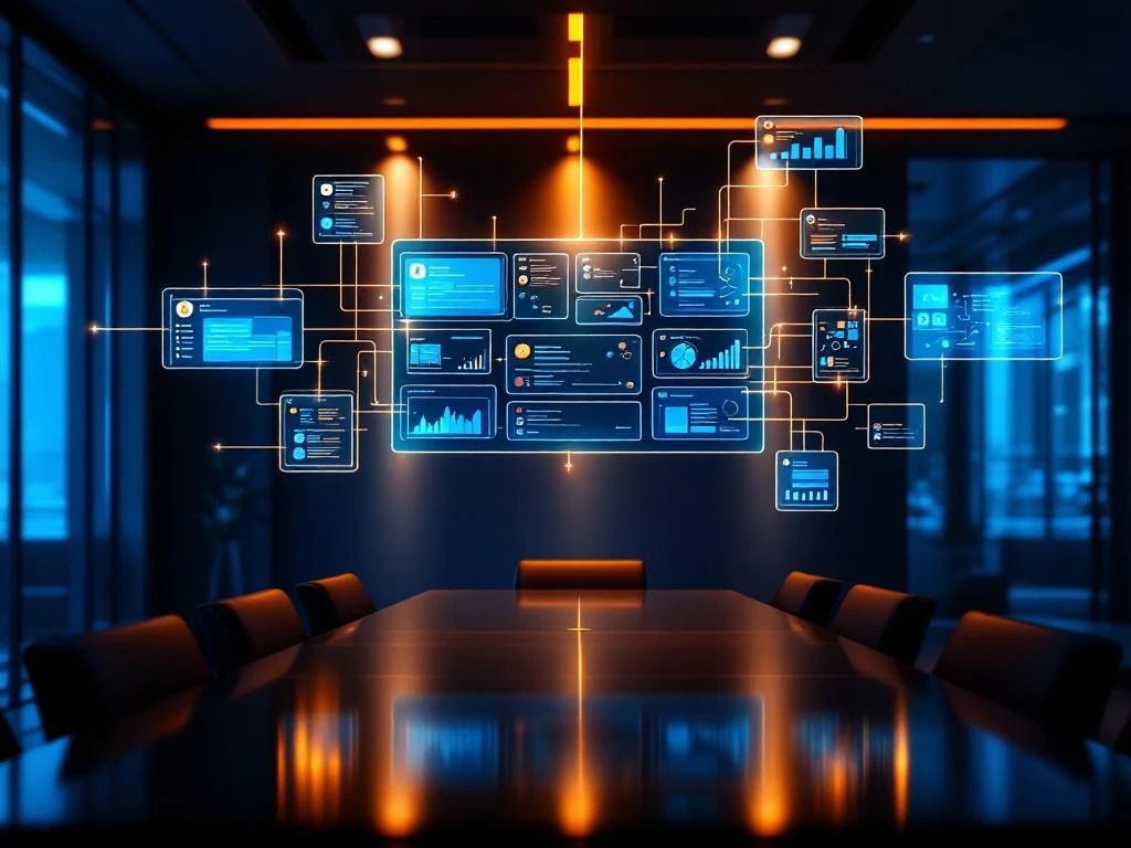 Moderne kantooromgeving met zwevende digitale schermen die CRM-interface, dashboards en teamcommunicatie tonen