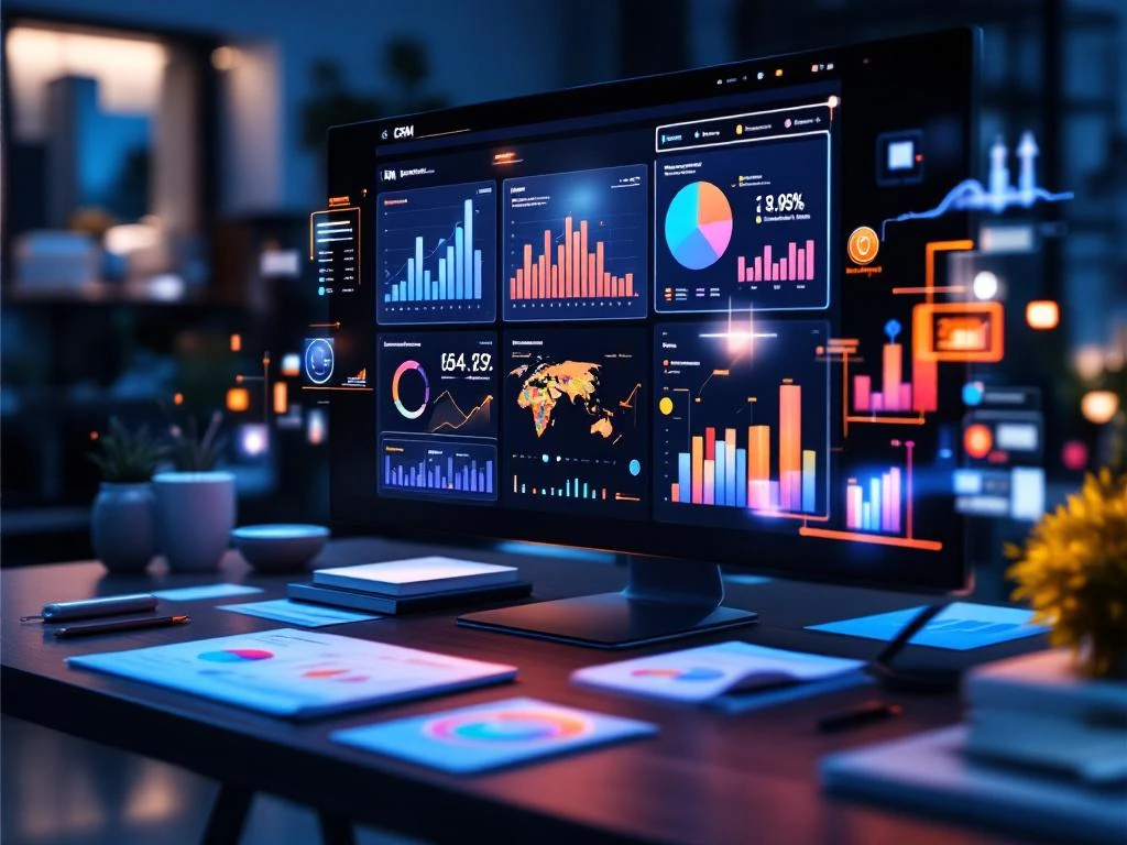 Moderne kantoorbureau met holografische CRM-dashboards, kleurrijke grafieken en data-analyses in blauw-oranje verlichting