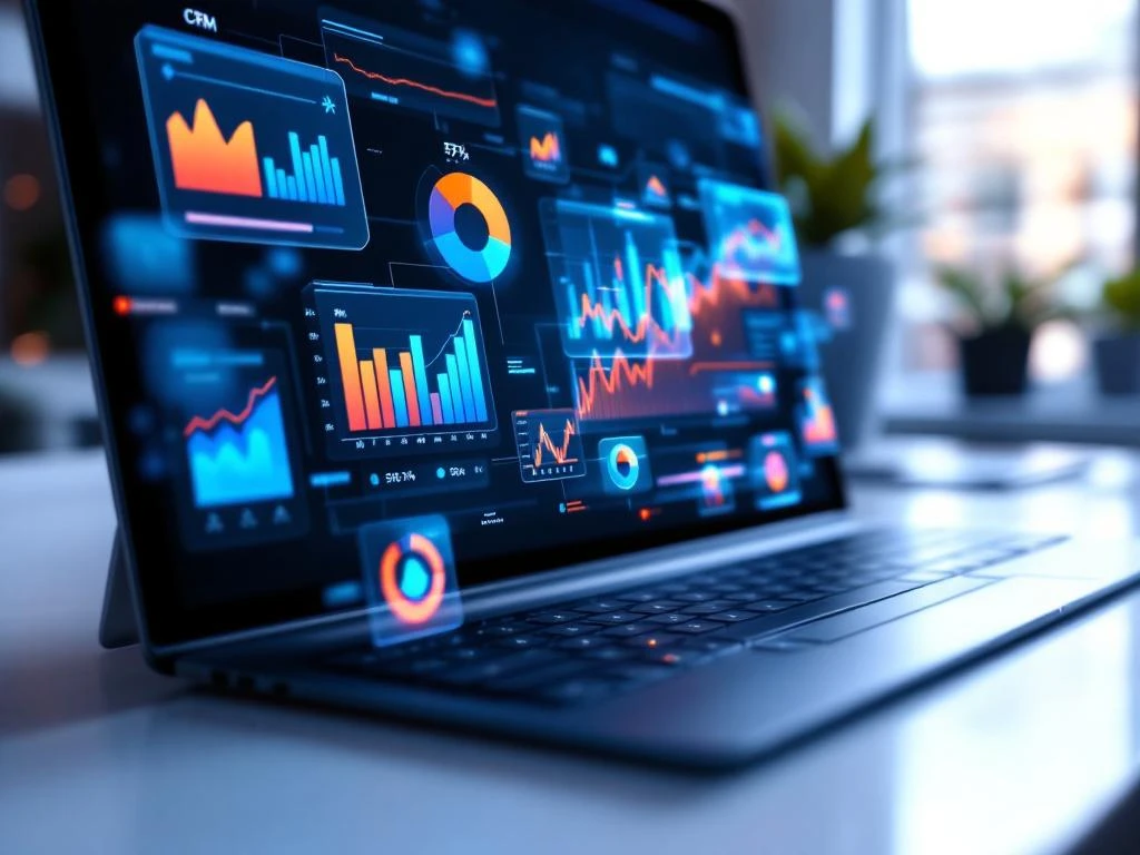 Moderne computermonitor toont interactief CRM-dashboard met kleurrijke grafieken en holografische data-analyses