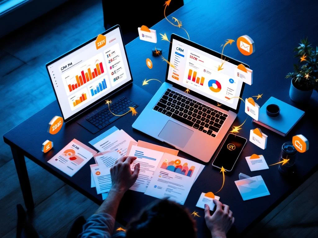 Laptop met CRM-dashboard en kleurrijke grafieken op modern bureau, papieren offertes transformeren naar digitale projectkaarten