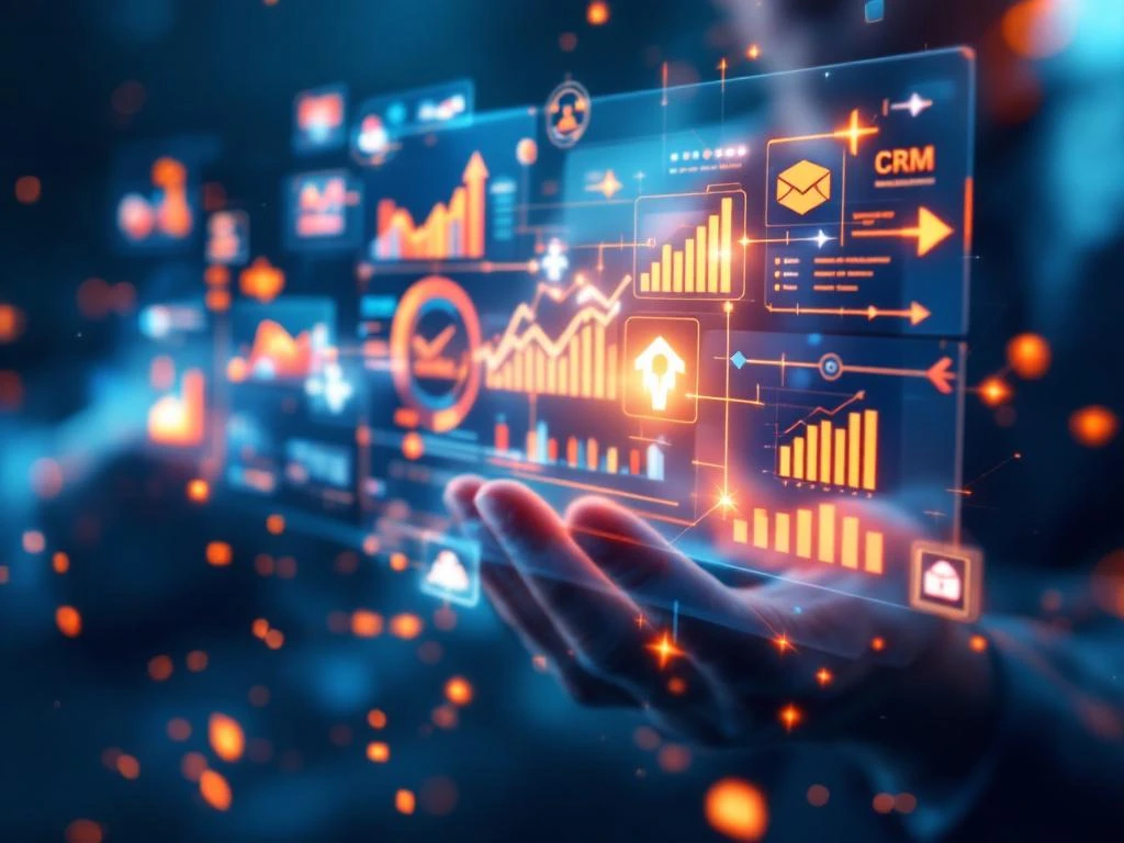 Digitaal CRM-dashboard met klantgegevens, grafieken en werkstroomverbindingen in blauw-oranje ontwerp
