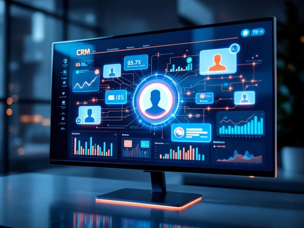 CRM dashboard op monitor met 3D klantprofielen, verbindingslijnen, tijdlijnen en communicatie-iconen in blauw-oranje thema