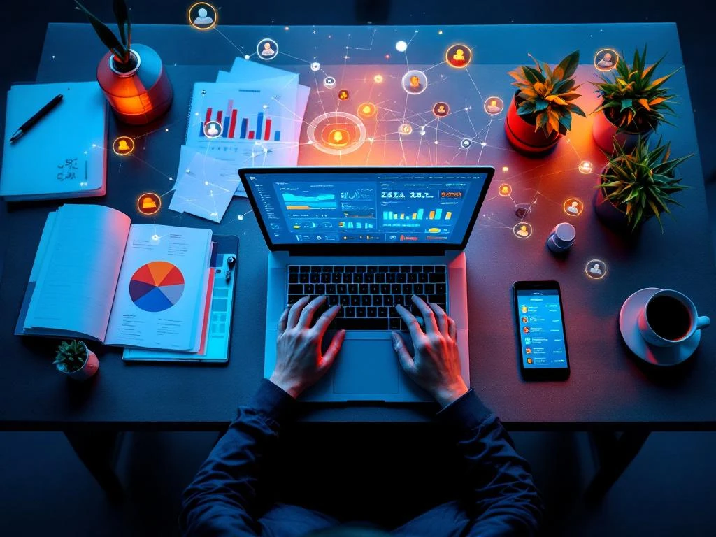 Modern bureau met laptop die kleurrijke CRM-dashboards toont, omringd door zakelijke documenten en holografische pictogrammen