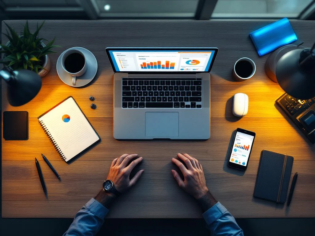 Bovenaanzicht moderne werkplek met laptop, tablet en smartphone met kleurrijke CRM-dashboards en grafieken voor kleine bedrijven