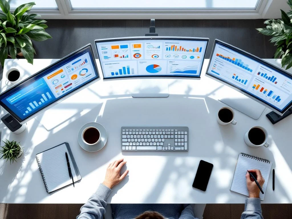 Moderne werkplek met meerdere schermen die kleurrijke CRM-dashboards tonen, omringd door notitieboeken en koffiekop