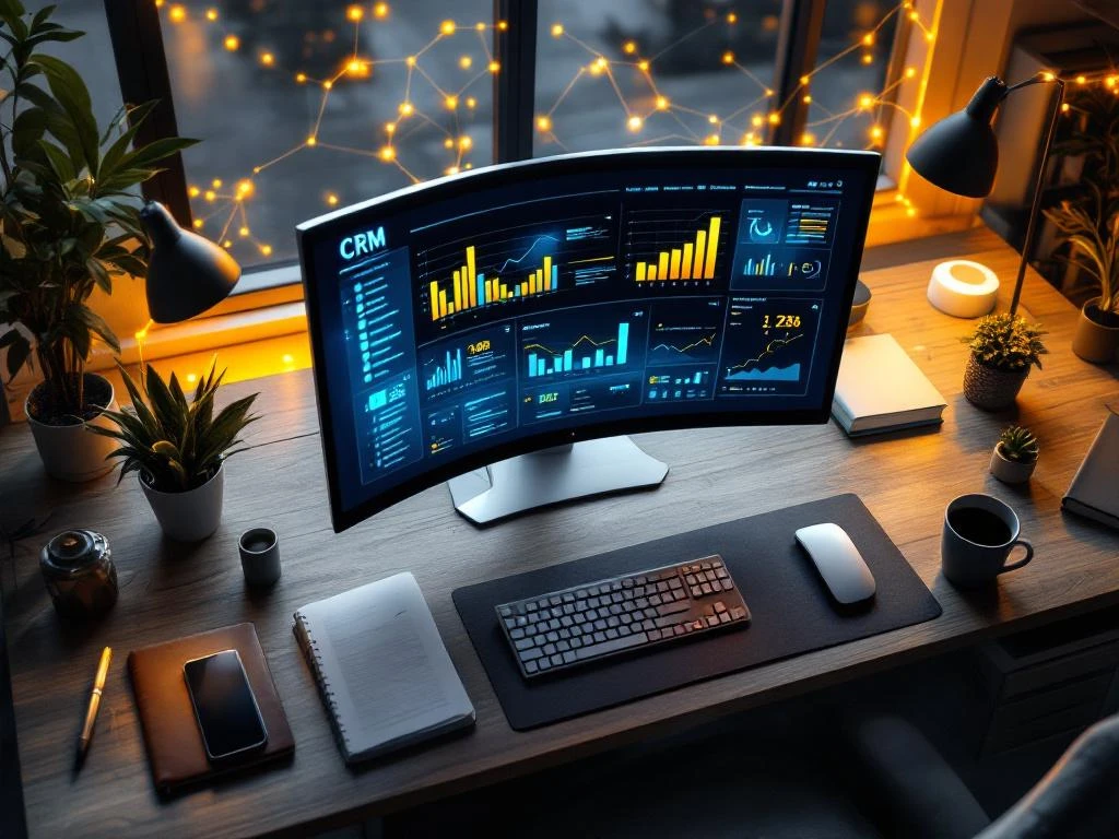 CRM dashboard op moderne kantoorcomputer met smartphone, notitieboek en koffie op bureau, data-verbindingslijnen op achtergrond