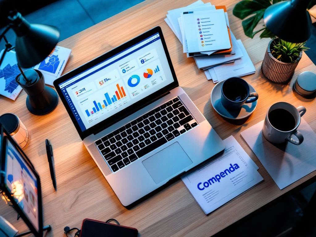 Moderne kantoorwerkplek met laptop met CRM-dashboard, smartphone, documenten en koffie in blauw-wit kleurenschema
