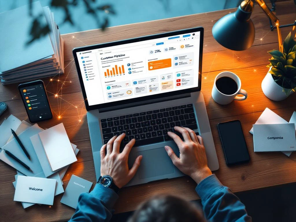 Moderne kantoorbureau met laptop met CRM-dashboard, smartphone, welkomstpakketten en koffiekop in blauw-oranje kleurenschema