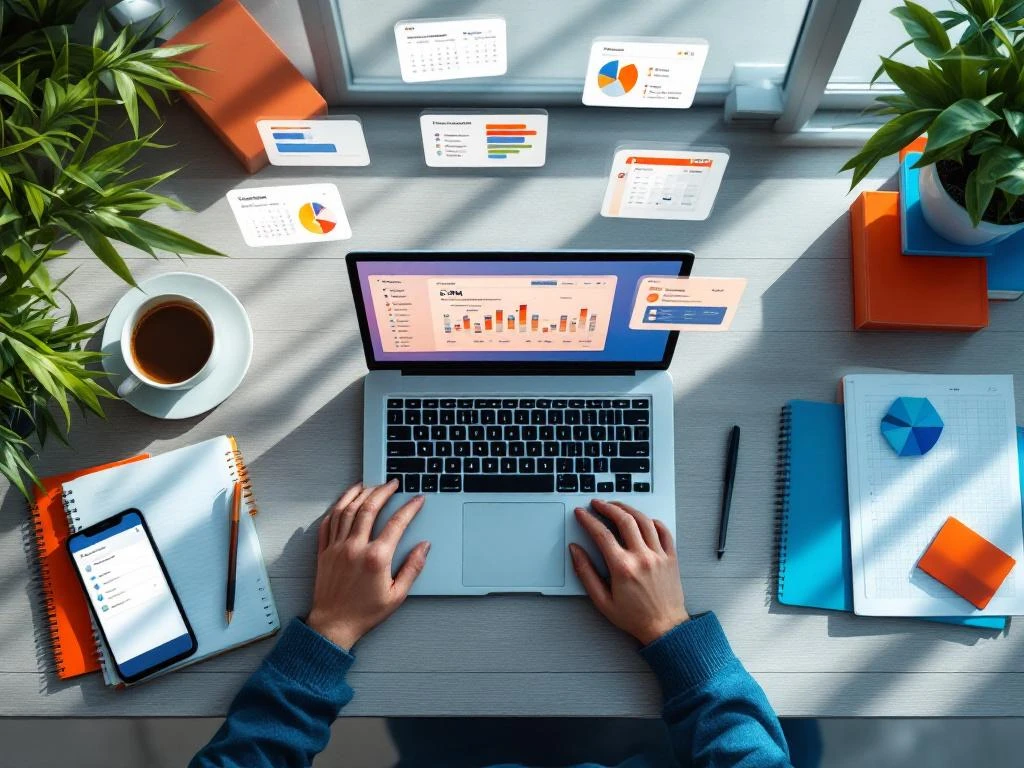 Moderne bureauopzet met laptop met CRM-dashboard, smartphone, agenda en koffie voor efficiënt klantbeheer