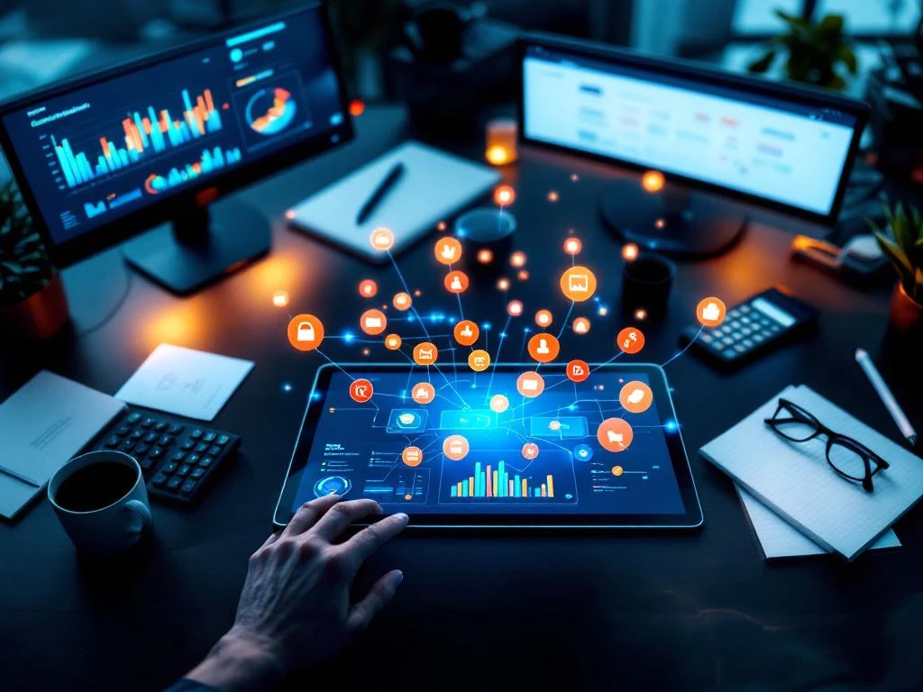 Moderne bureauopstelling met tablet die CRM-dashboard en holografische bedrijfspictogrammen toont, omringd door kantoorbenodigdheden
