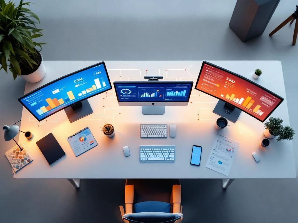 Bovenaanzicht van modern kantoorbureau met meerdere verbonden schermen die kleurrijke CRM-dashboards en productiviteitsgrafieken tonen