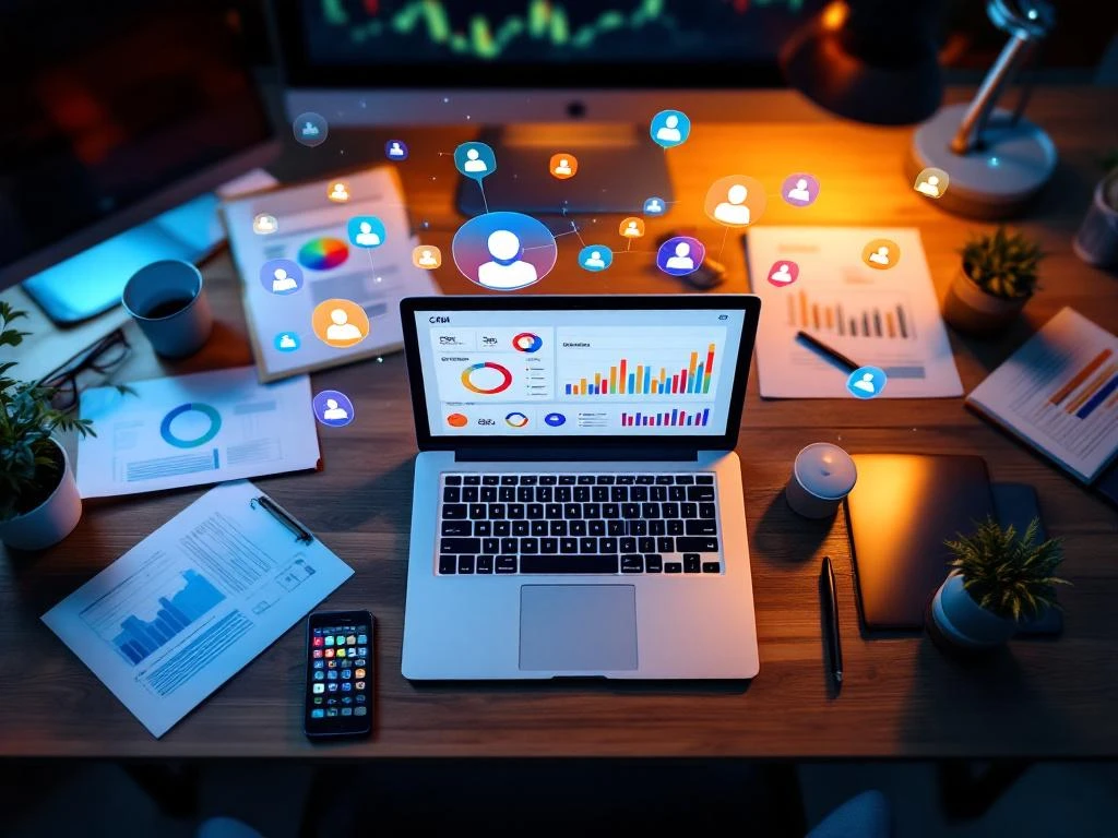 Laptop met kleurrijke CRM-dashboard op modern bureau, omringd door documenten en smartphone met holografische teamiconen