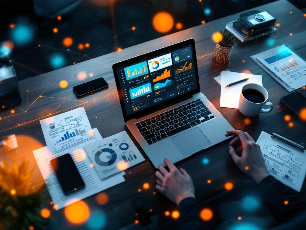 Moderne kantoorwerkplek met laptop die kleurrijk CRM-dashboard toont, omringd door smartphone, koffie en documenten