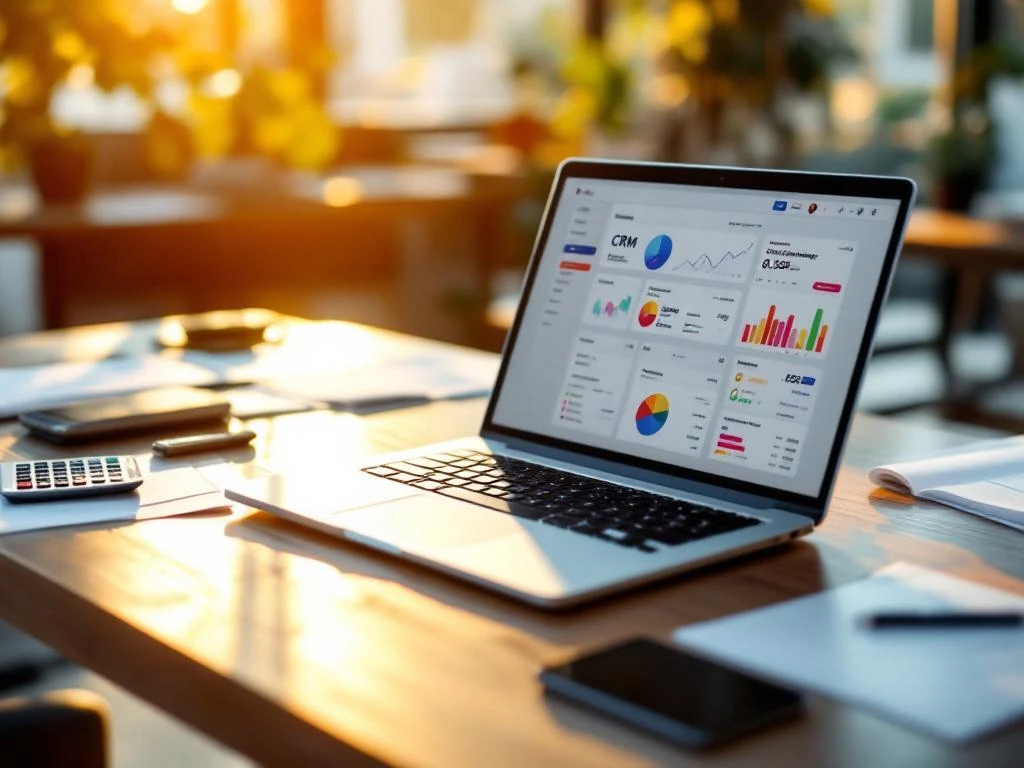 Laptop met CRM-dashboard op modern bureau met bedrijfsdocumenten, calculator en smartphone in kantooromgeving