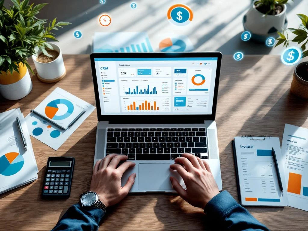 Moderne kantoorwerkplek met laptop met CRM-dashboard, stopwatch, rekenmachine en facturen voor bedrijfsautomatisering