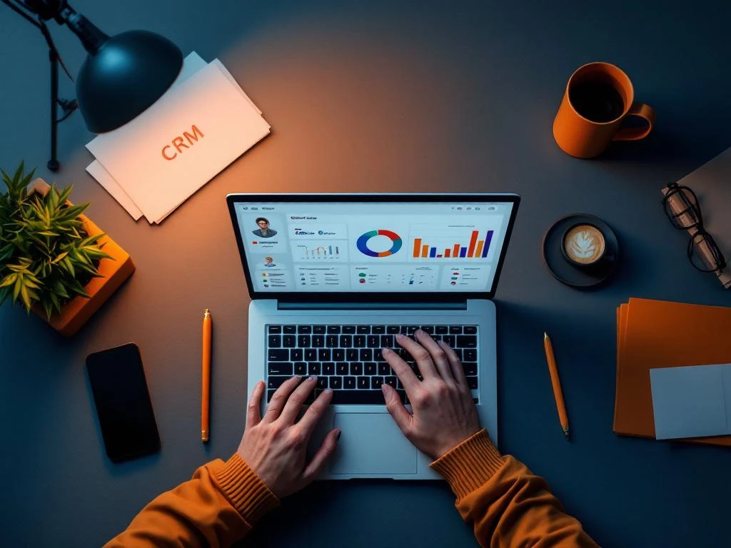 Laptop met CRM-dashboard en kleurrijke grafieken op moderne werkplek met smartphone, koffie en documenten van bovenaf