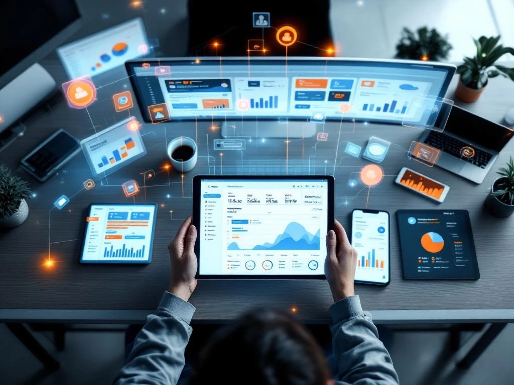 Modern bureau met tablet en schermen die CRM-dashboards, projecttijdlijnen en data-analyses tonen in blauw-oranje design