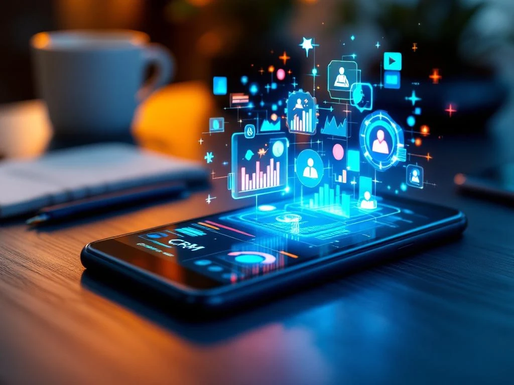 Smartphone met CRM-dashboard toont kleurrijke datavisualisaties en holografische grafieken op donkere houten bureau