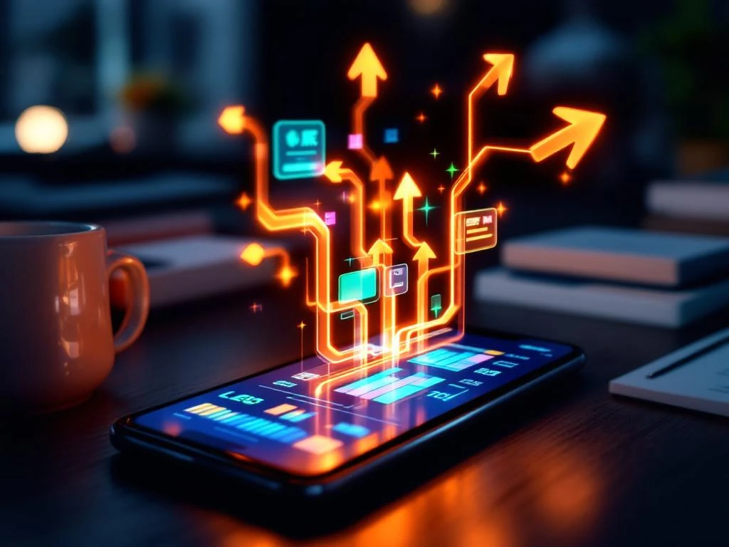 Smartphone met CRM-dashboard toont kleurrijke leadstatussen, digitale pijlen wijzen naar visitekaartjes op houten bureau