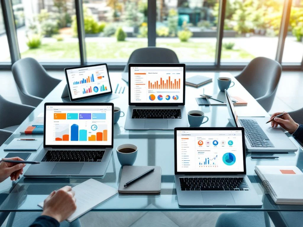 Moderne vergadertafel met laptops en tablets die CRM-dashboards tonen met grafieken en datavisualisaties in kantoor