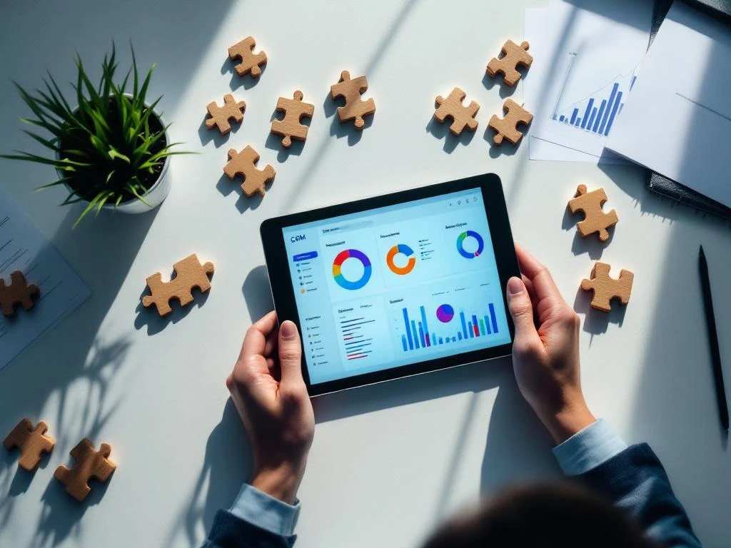 Tablet met kleurrijke CRM-dashboard op modern bureau omringd door houten puzzelstukjes en zakelijke documenten