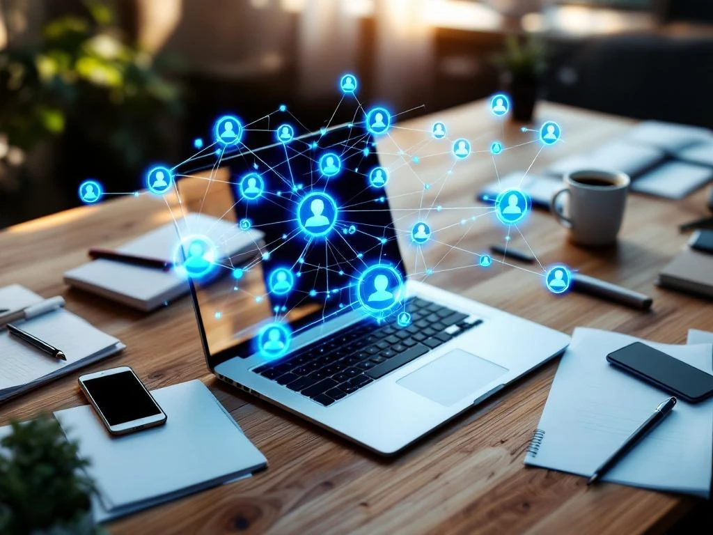 Laptop met holografische CRM-datavisualisatie boven scherm op modern bureau met documenten en smartphone