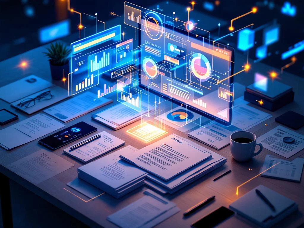 Moderne kantoorbureau van bovenaf met documenten die zich organiseren in een zwevend digitaal CRM-dashboard met blauwe verlichting