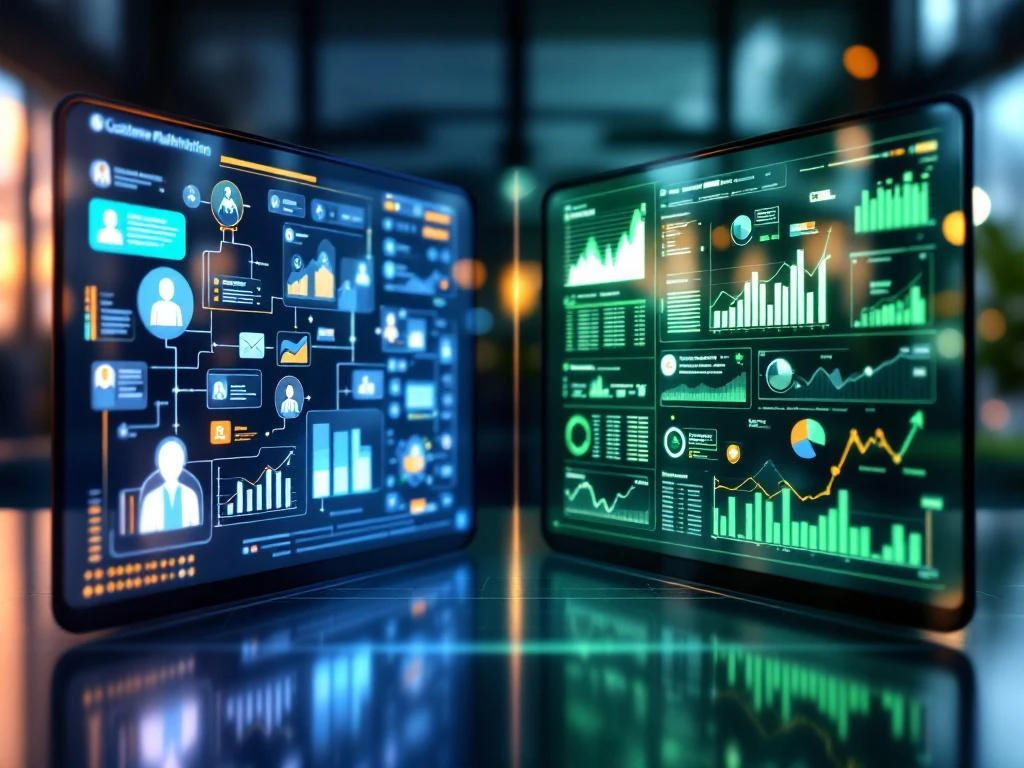 Split-screen vergelijking van CRM-interface in blauw en ERP-dashboard in groen met grafieken en datavisualisaties