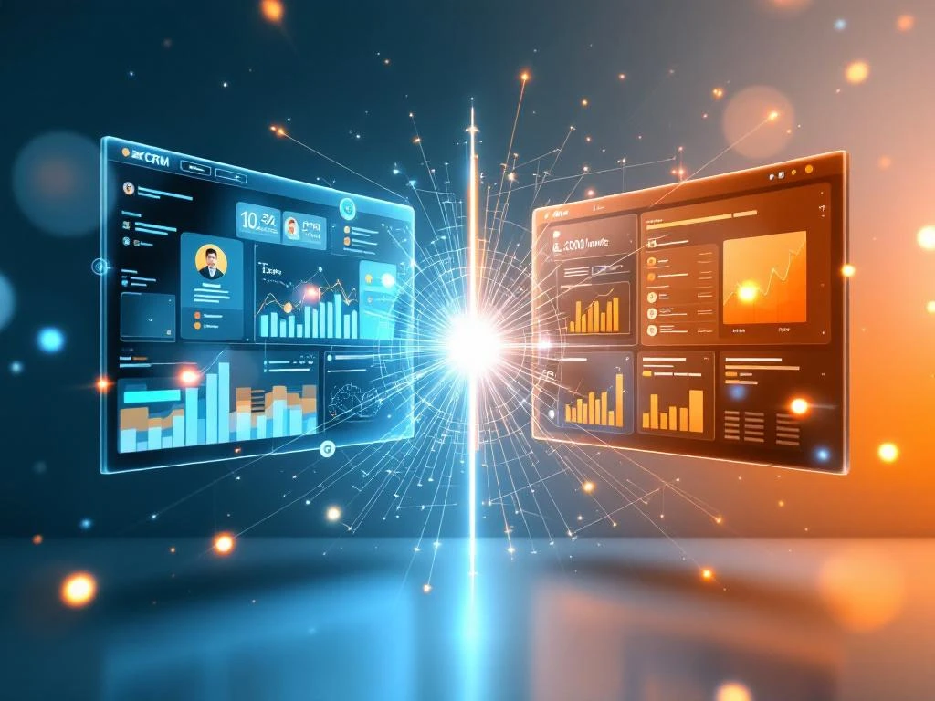 CRM-interface verbonden met Exact Online dashboard via verlichte datastromen, toont systeemintegratie tussen blauwe en oranje bedrijfssoftware