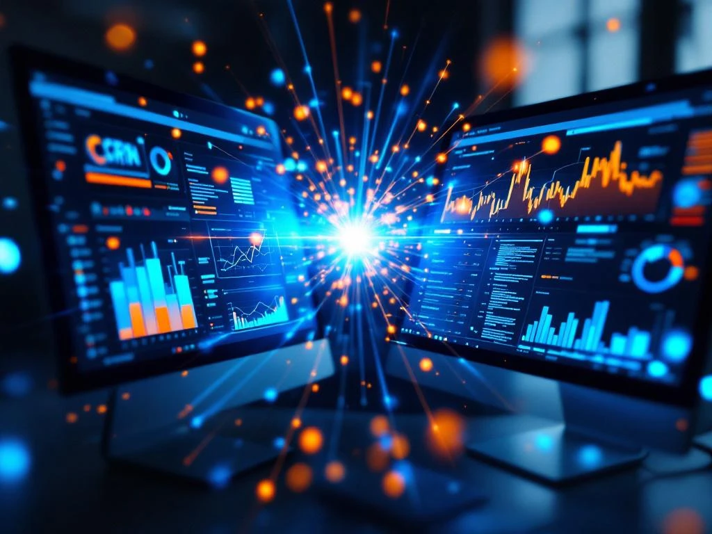 Twee computerschermen met CRM-dashboard en Exact Online boekhoudingsoftware verbonden door gloeiende digitale datastromen