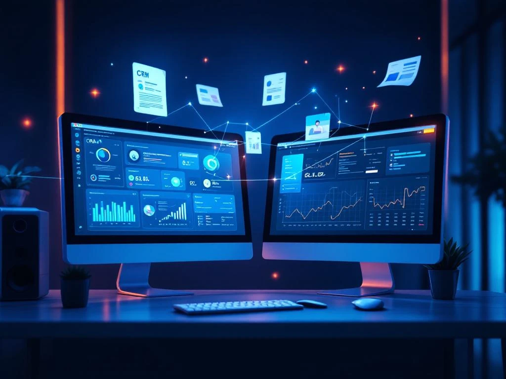 Twee computermonitors tonen CRM-dashboard en Exact Online boekhoudingsoftware met digitale verbindingslijnen voor naadloze integratie