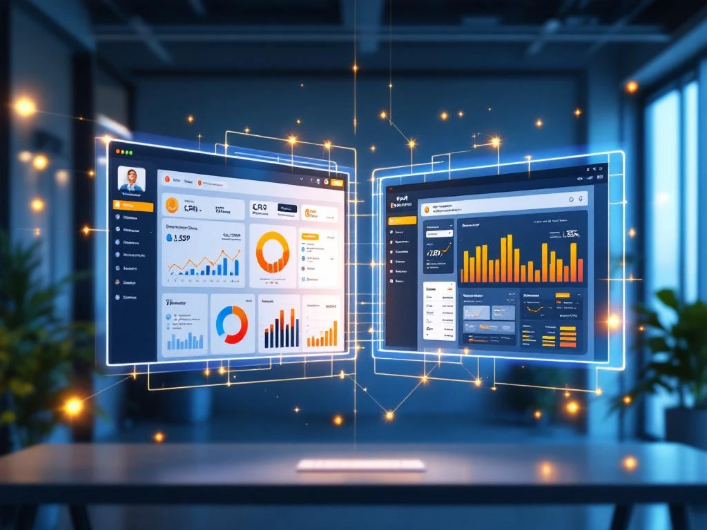 Geïntegreerde CRM-dashboard en Exact Online boekhoudingsoftware met gouden datastromen die naadloze connectiviteit tonen