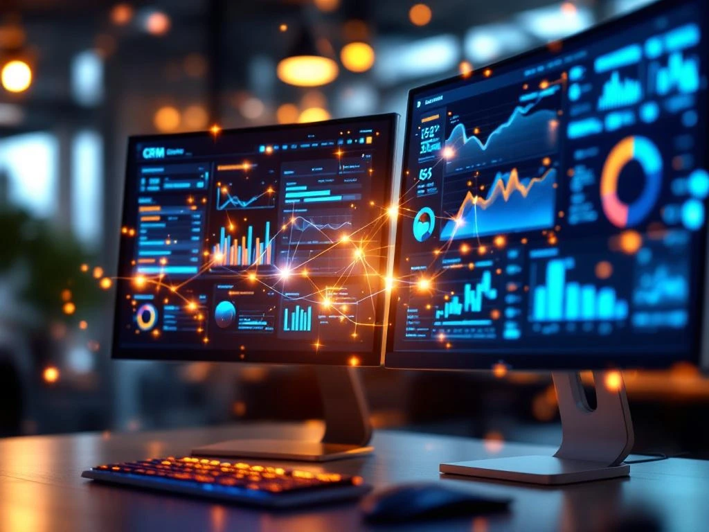 Twee computermonitoren met CRM-dashboards en financiële grafieken, verbonden door gloeiende datakabels op modern bureau