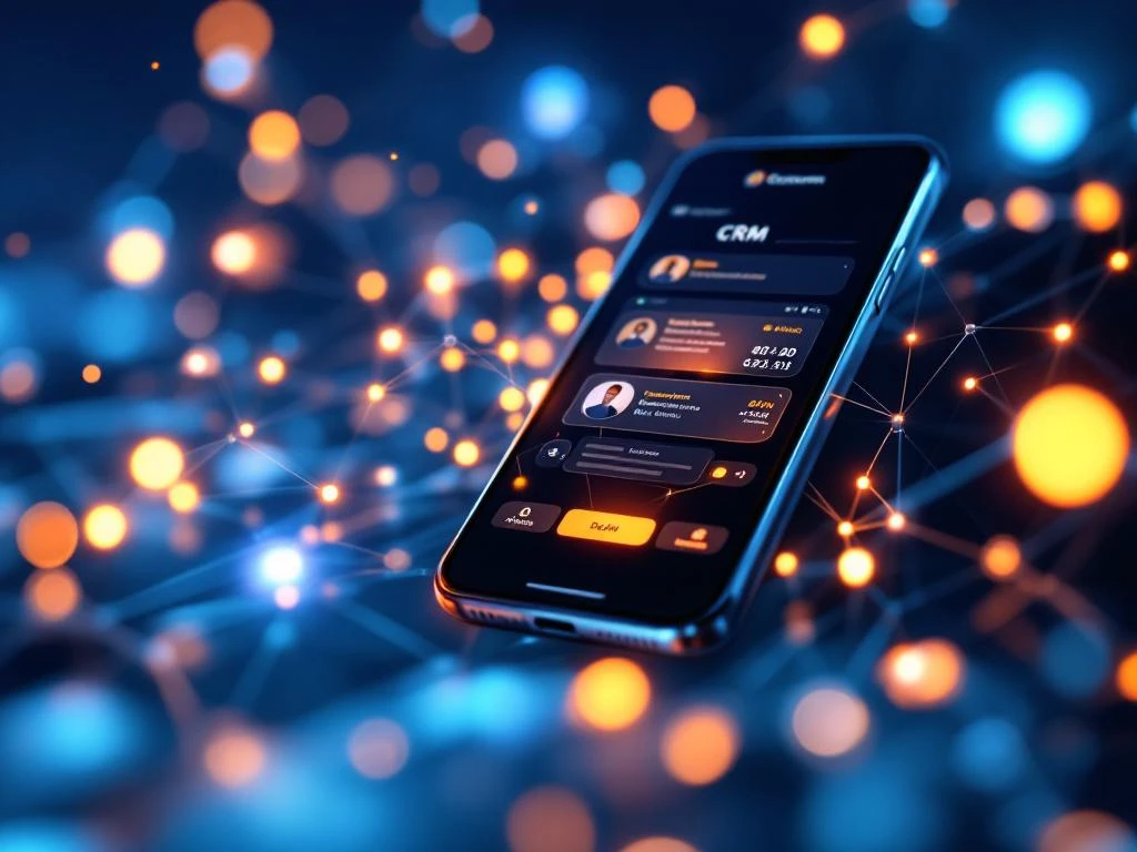 Smartphone met CRM-interface omringd door gloeiende digitale netwerkverbindingen en holografische datastromen