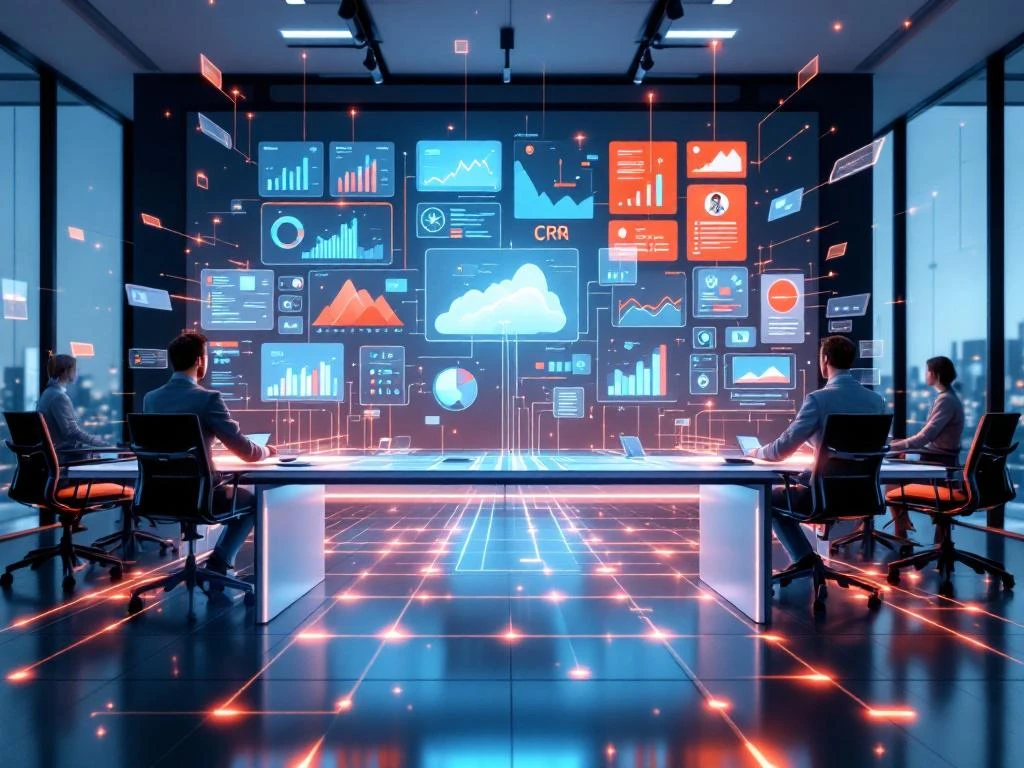 Modern kantoor met twee werkstations verbonden door digitale datastromen, CRM-interface toont marketing en sales dashboards