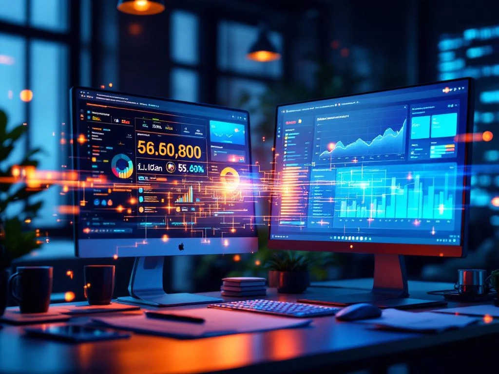 Moderne kantoorbureau met twee monitors die CRM-datamigratie tonen via gloeiende digitale datastromen in blauw-oranje licht