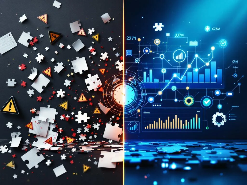 Split-screen vergelijking: chaotische gefaalde projecten links versus georganiseerd CRM-dashboard met grafieken rechts
