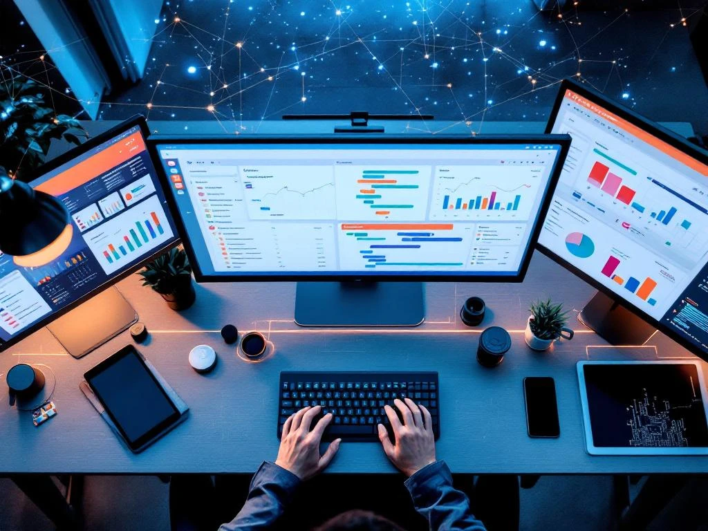 Moderne kantoorwerkplek met meerdere monitoren die projectmanagement dashboards tonen, handen typen op toetsenbord