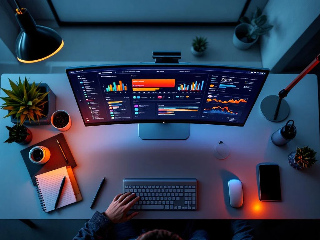 Moderne kantoorwerkplek met projectmanagement dashboard op monitor, business tools en professionele verlichting