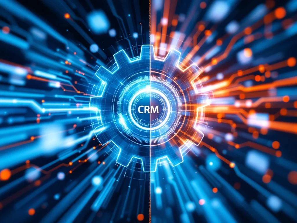 Split-screen dashboard toont CRM-klantgegevens en projectmanagement met blauwe en oranje datastromen en tandwielen